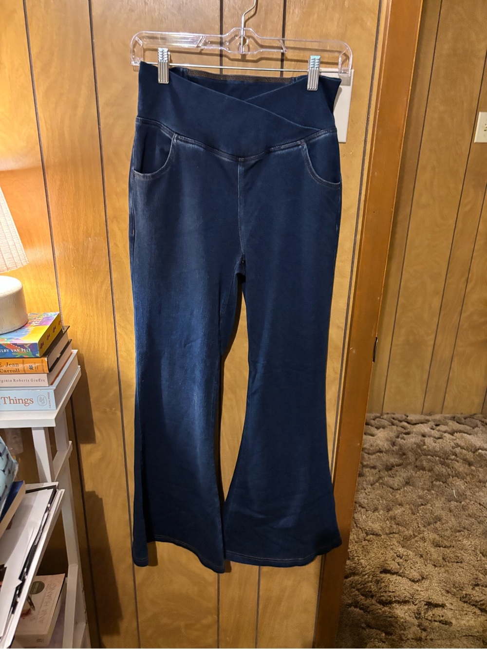 HALARA Navy Flare Wide-Leg Jeans with Crossover Waistband